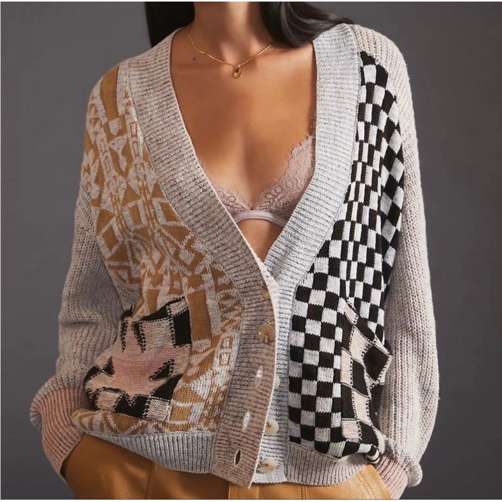 Pilcro Mash Up Sweater Cardigan Anthropologie Mix Patchwork Star Checkerboard S - Picture 1 of 12